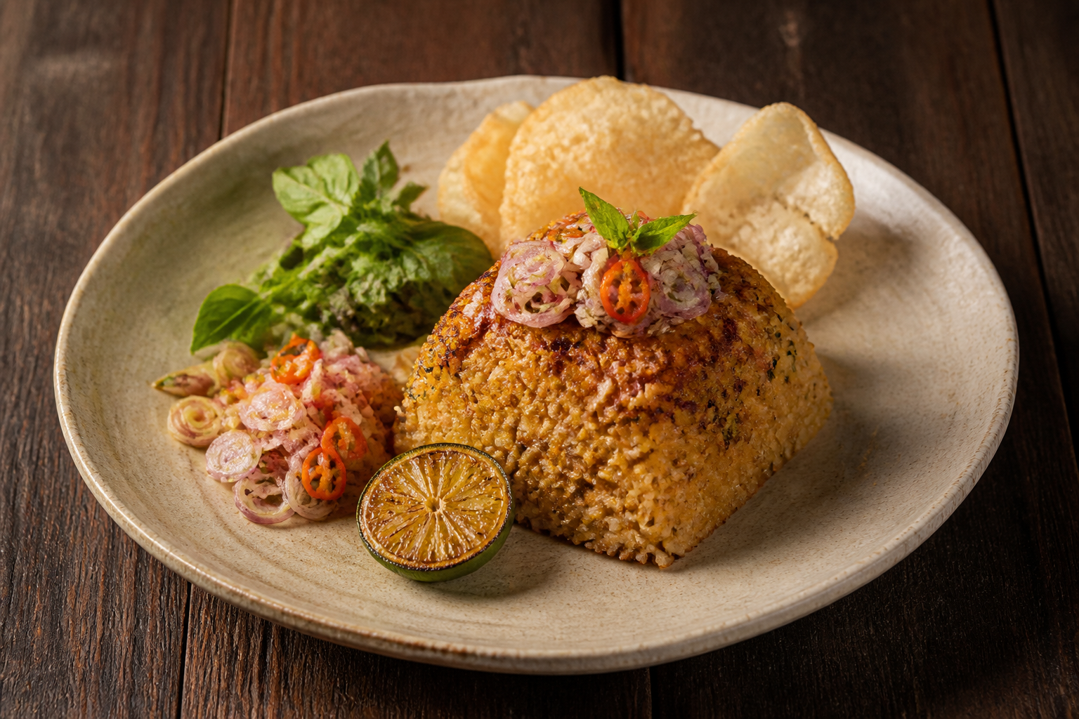 Nasi rempah panggang dengan garnish segar
